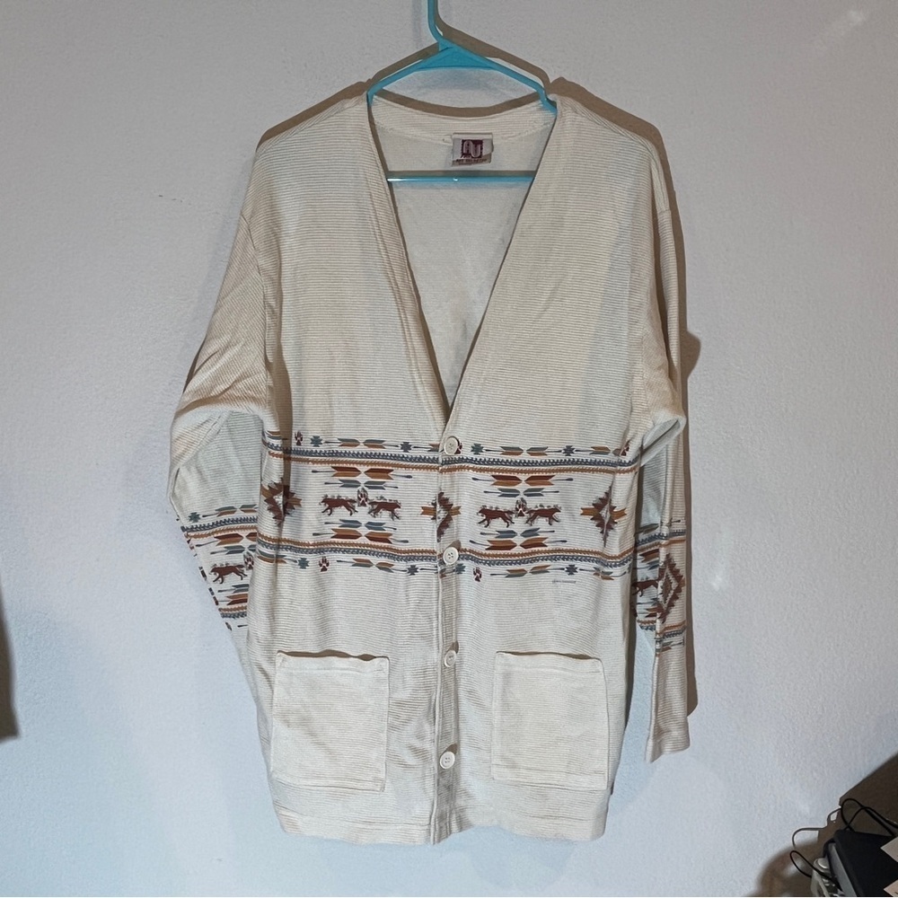 Art Unlimited size large vintage longline thermal button front Aztec design